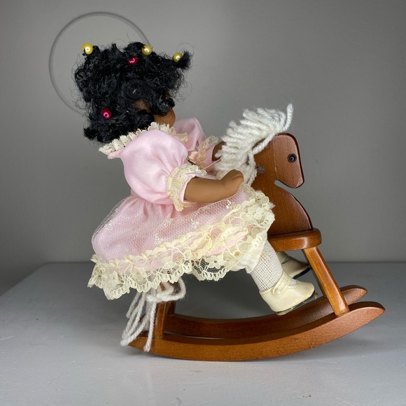 Toys Vintage African American Porcelain Doll In Baby Pink Dress On A